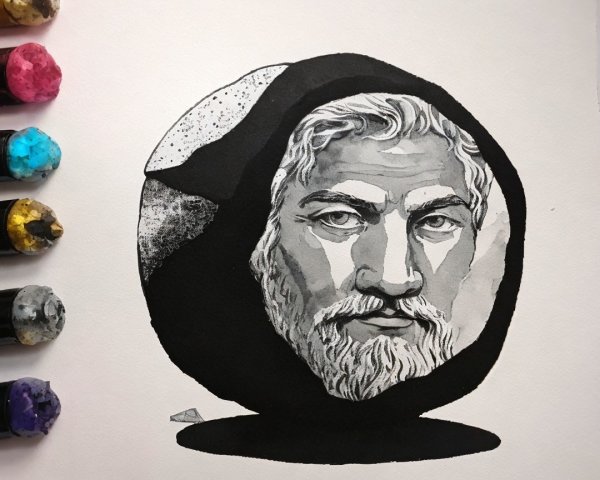 Black and White Illustration of a Philosopher with Paint