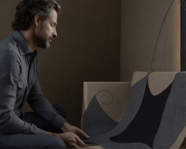 Man Examining Textured Gray Fabric by Window