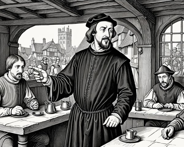 Greyscale Woodcut Illustration of Medieval Indoor Scene