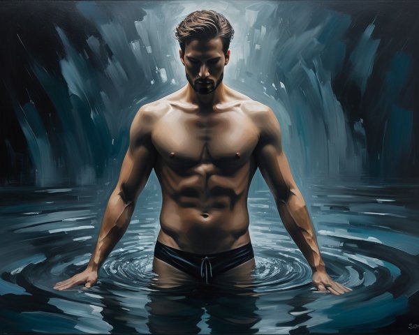 Muscular Man in Shallow Water with Dramatic Lighting