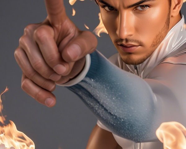 Portrait of a young man with fiery hair and flames