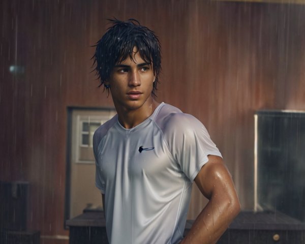 Young athlete in rain with determined expression