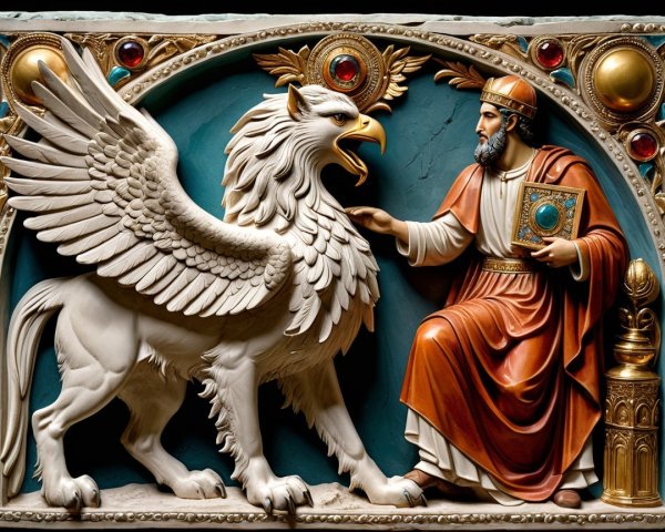 Relief Sculpture of Regal Figure and Griffin Creature