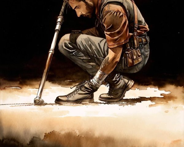 Crouching Figure Examining Light in Dark Watercolor Scene
