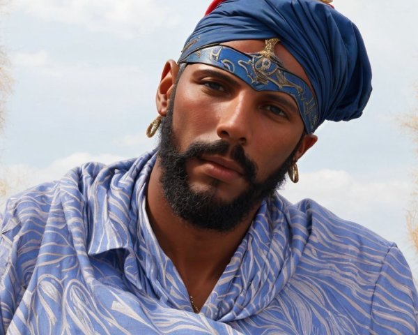 Confident Man in Blue Turban Against Cloudy Sky