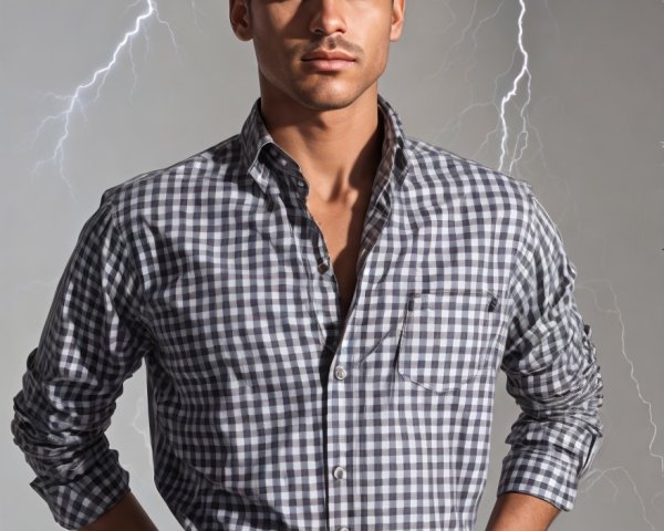 Young man in checkered shirt against lightning backdrop