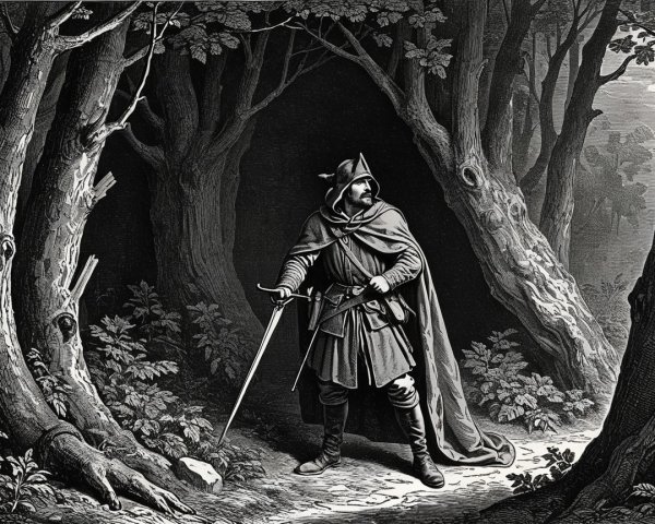 Cloaked Figure with Sword in Shadowy Forest Scene