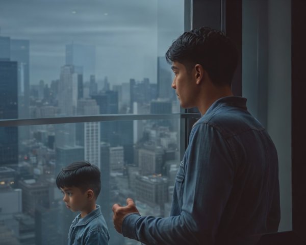 Father and son observing city skyline from window