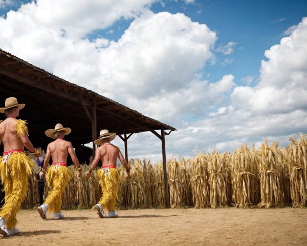 Men in Traditional Straw Costumes in Rural Setting