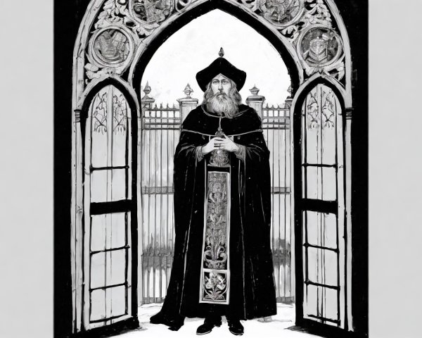 Regal Figure in Ornate Robe at Gothic Archway