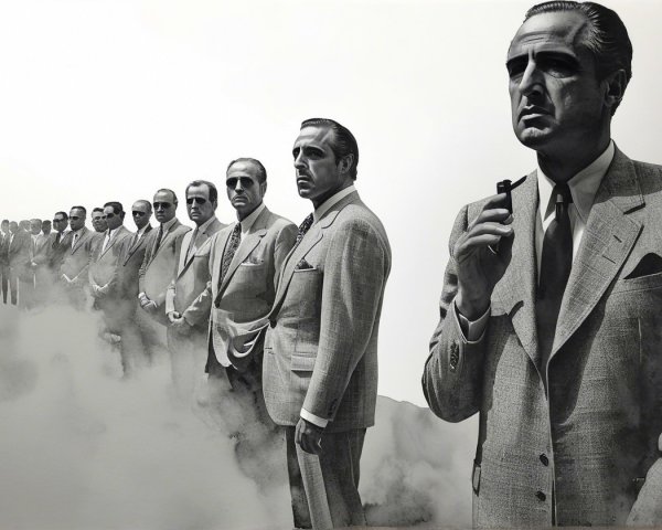 Identical Men in Foggy Setting with Cigar