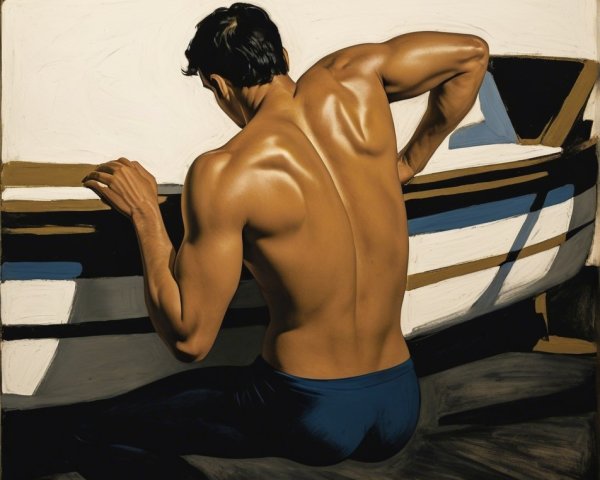 Muscular Male Figure by Boat with Light and Shadow