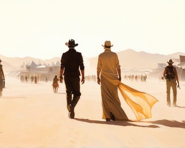 Figures in Western Attire in Dusty Landscape Scene