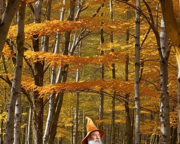 Wise Figure in Golden Robe in Autumn Forest