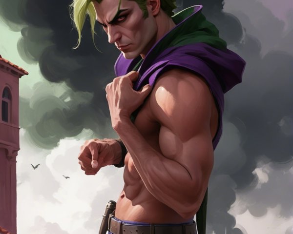 Stylized Character with Green Hair and Purple Cloak