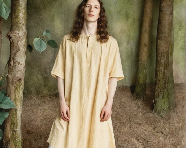 Young person in serene forest wearing yellow tunic