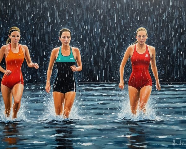 Women in Colorful Swimsuits in Rainy Pool Scene