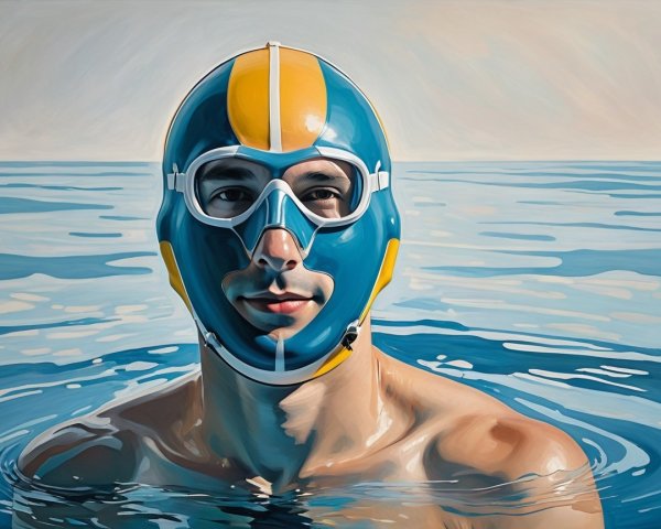 Man in Swim Cap Emerges from Abstract Blue Water