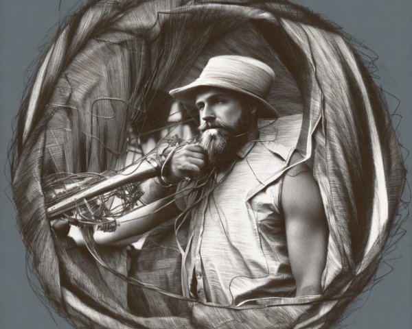 Monochrome Portrait of a Bearded Man with Instrument