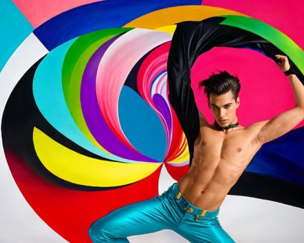 Muscular Male Model in Turquoise Pants with Colorful Background