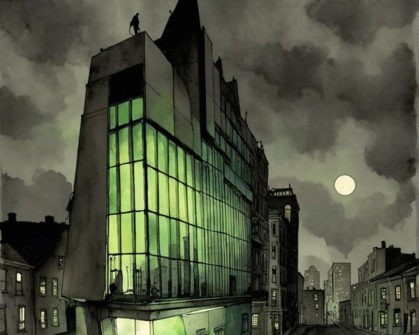 Modern Building with Glass Façade and City Skyline