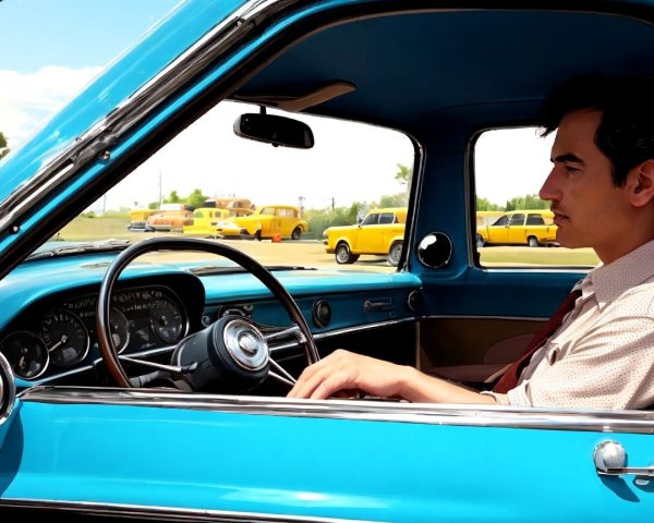 Vintage Blue Car with Young Man in Scenic Landscape