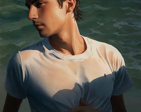 Young man at shoreline with ocean waves and sunlight