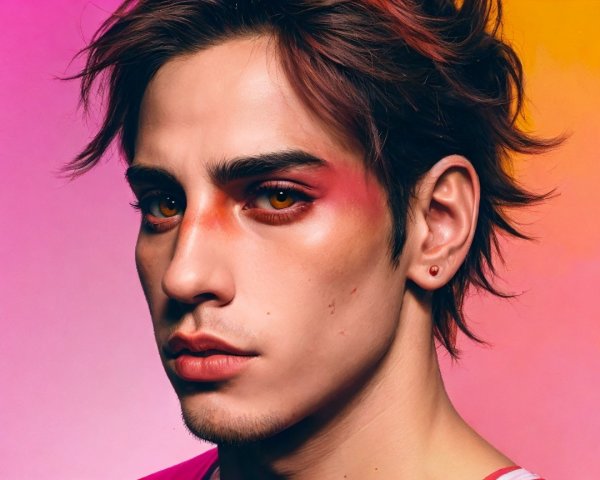 Young man with expressive makeup on vibrant background