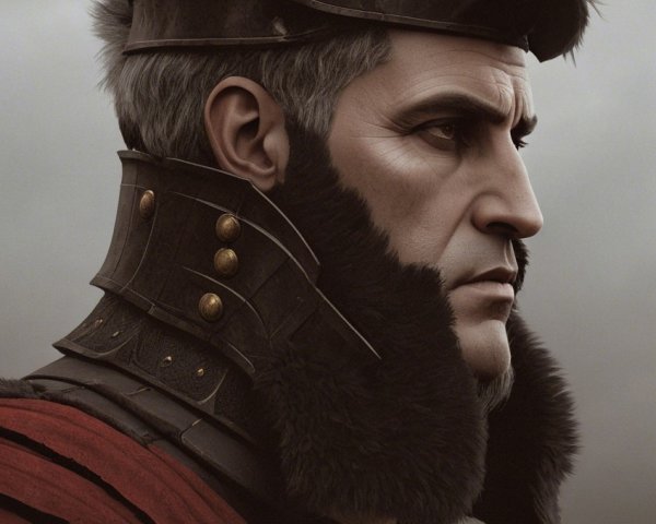 Roman Soldier with Helmet and Red Cloak in Portrait