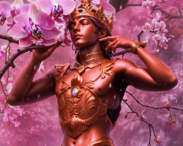 Majestic Figure in Golden Armor in Blooming Orchard