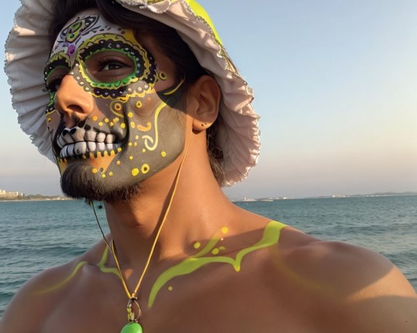 Male figure with vibrant skull face paint by the ocean