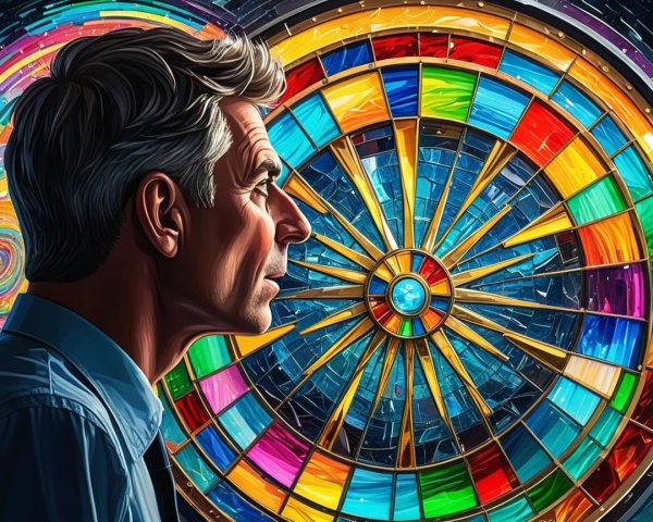 Middle-aged man in profile with colorful stained glass