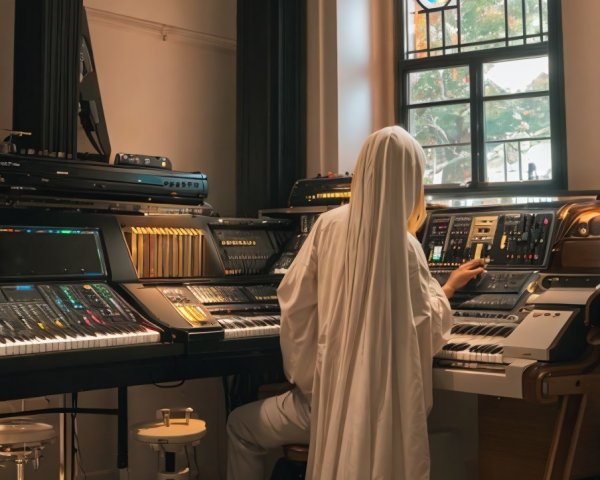 Musician Creating Music Surrounded by Vintage Synthesizers