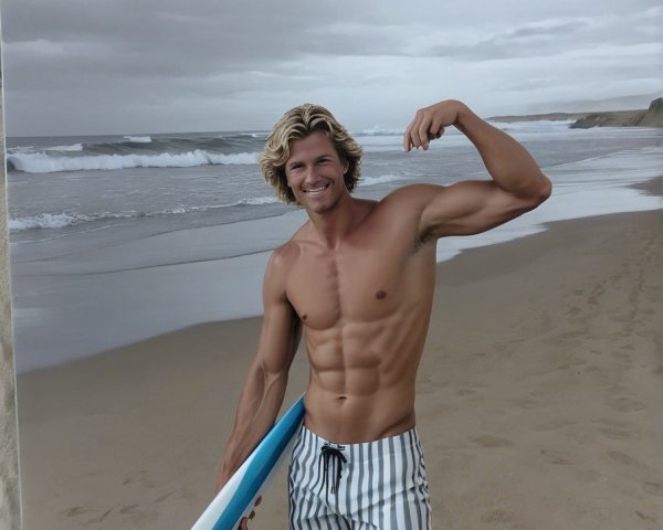 Muscular Young Man on Beach with Surfboard and Waves