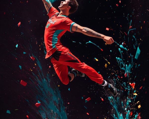 Young man in athletic uniform jumping mid-air