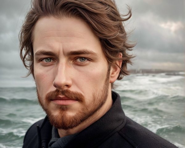 Young man by turbulent sea with dramatic skies
