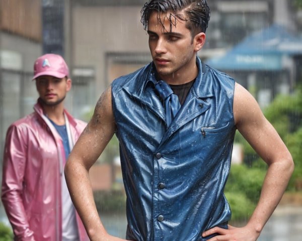 Stylish Young Men in Rainy Urban Setting