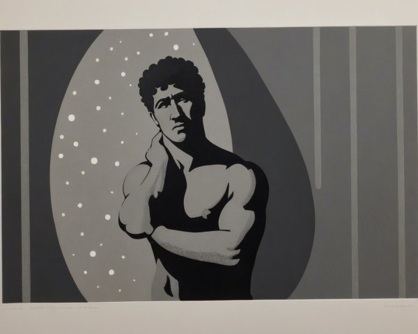 Stylized Male Figure in Gray with Abstract Backdrop