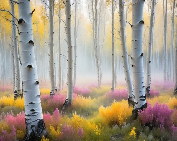 Serene forest scene with aspen trees and wildflowers