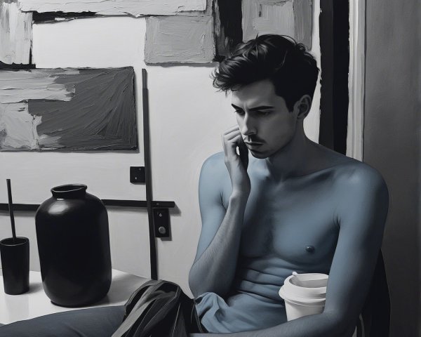 Contemplative Man in Art Studio with Monochromatic Palette