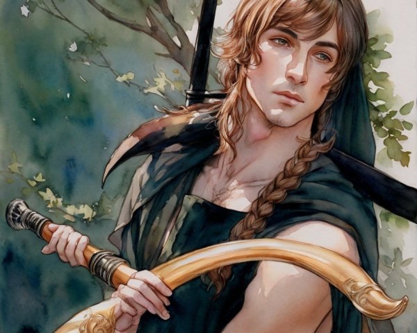 Young figure with bow and sword in lush setting