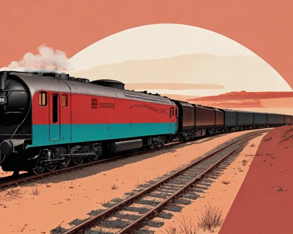 Vintage steam train on winding track in arid landscape