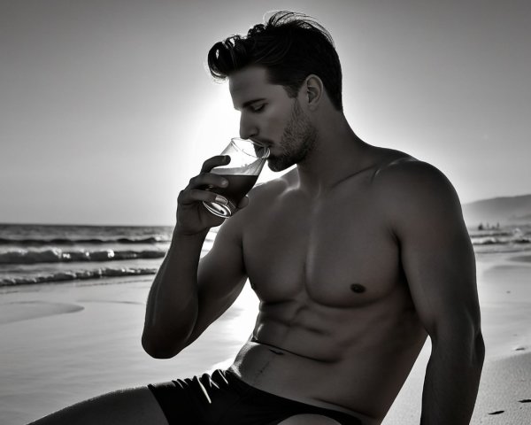 Shirtless man on beach at sunset in black and white