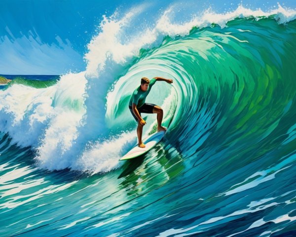 Surfer Balancing on Turquoise Wave in Sunny Ocean Scene