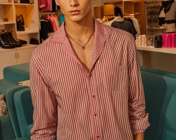 Young man in stylish boutique with pink striped shirt