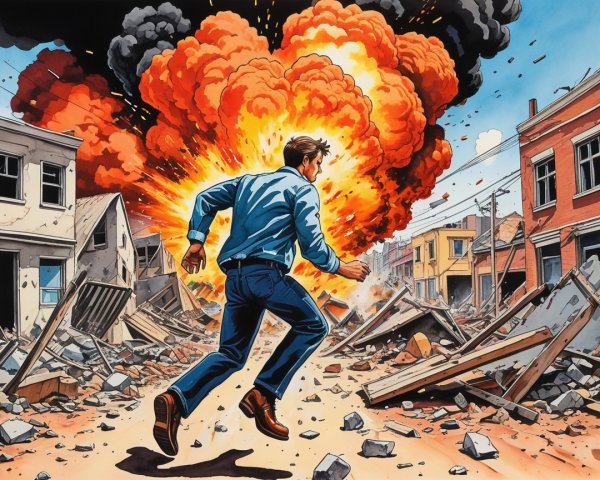 Man in Blue Shirt Escapes Urban Explosion Scene