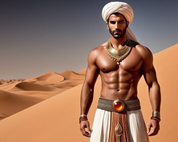 Muscular Man in Desert with Jewelry and Turban