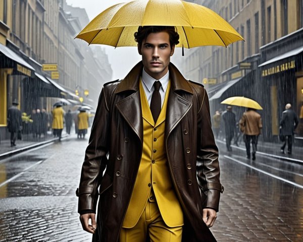 Stylish Man in Brown Coat and Yellow Suit on Rainy Street