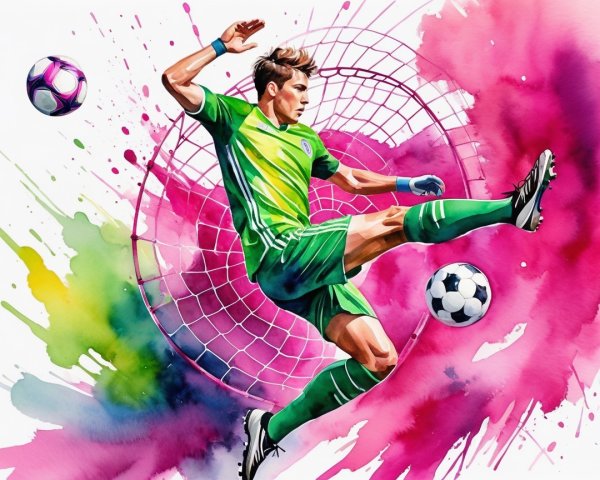 Dynamic Watercolor Soccer Player in Action