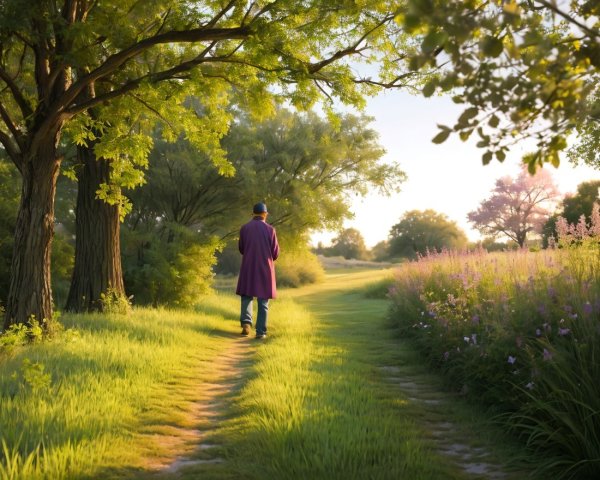 Serene Landscape with Winding Path and Wildflowers